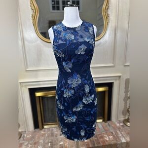 WHBM Navy Blue Metallic Floral Embroidered Mesh Sheath Dress 6P Cocktail